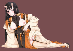 Rule 34 | 1girl, ankoku emu shougun, bad id, bad pixiv id, black eyes, black hair, breasts, breasts out, cleft of venus, clog sandals, demon girl, folding fan, functionally nude, hand fan, hime cut, horns, japanese clothes, large breasts, long hair, misumi (summon night), nipples, oni, pointy ears, pussy, sandals, simple background, smile, solo, summon night, summon night 3, thighhighs, white thighhighs, wide sleeves, zouri