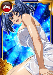 Rule 34 | 00s, 1girl, bashoku youjou, blue hair, breasts, card (medium), female focus, hair ornament, ikkitousen, large breasts, looking at viewer, nude, open mouth, purple eyes, see-through, shiny skin, short twintails, sitting, smile, solo, twintails