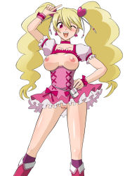 Rule 34 | 00s, 1girl, blonde hair, blush, breasts, breasts out, cure peach, earrings, fresh precure!, hand on own hip, happy, highres, jewelry, large breasts, legs, long hair, looking at viewer, momozono love, nipples, no bra, no panties, one eye closed, open mouth, pink eyes, precure, pussy, simple background, skirt, smile, standing, thighs, twintails, uncensored, v, white background, wink