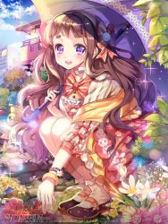Rule 34 | 1girl, bad id, bad pixiv id, blush, bow, brown hair, company name, flower, furyou michi ~gang road~, hair bow, holding, holding umbrella, long hair, looking at viewer, official art, parasol, parted lips, purple eyes, red bow, smile, solo, squatting, teeth, umbrella, yeonwa