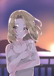 Rule 34 | 1girl, alternate hairstyle, artist name, artist request, bare shoulders, blonde hair, blush, breasts, brown eyes, cloud, collarbone, cup, drinking glass, female focus, green eyes, highres, holding, holding drinking glass, long hair, looking at viewer, love live!, love live! sunshine!!, medium breasts, nail, nail polish, night, night sky, ohara mari, outdoors, parted lips, shirt, short hair, sky, smile, solo, sunset, white shirt, yellow eyes