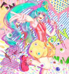 Rule 34 | 1girl, aqua eyes, aqua hair, bad id, bad pixiv id, cosplay, eyeball, gloves, hatsune miku, kyary pamyu pamyu, long hair, microphone, necktie, open mouth, outstretched arm, pinky out, ponponpon, solo, twintails, very long hair, vocaloid, yume kawaii