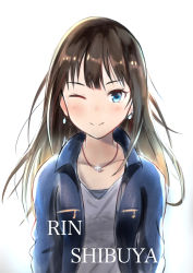 Rule 34 | 1girl, ;), blue eyes, blue jacket, blush, brown hair, character name, collarbone, earrings, floating hair, grey shirt, highres, idolmaster, idolmaster cinderella girls, jacket, jewelry, long hair, long sleeves, looking at viewer, necklace, one eye closed, open clothes, open jacket, shibuya rin, shirt, simple background, smile, so korokoro, solo, upper body, white background