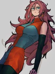 Rule 34 | 1girl, android 21, aqua eyes, bare shoulders, basketball hoop, black pantyhose, black sleeves, breasts, brown hair, checkered clothes, checkered dress, commentary request, curly hair, detached sleeves, dragon ball, dragon ball fighterz, dress, earrings, glasses, grey background, hand on own hip, jewelry, kemachiku, long hair, looking at viewer, medium breasts, pantyhose, simple background, solo, turtleneck, turtleneck dress, very long hair