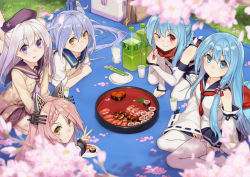 Rule 34 | 5girls, :3, animal ears, arashi (warship girls r), bag, beret, blanket, blue eyes, blue hair, blue skirt, blush, bottle, braid, breasts, cherry blossoms, chopsticks, closed mouth, crossed arms, cu (fsy84738368), cup, detached sleeves, eating, fake animal ears, food, from above, fubuki (warship girls r), grass, green tea, hair bun, hanami, hat, highres, light purple hair, long hair, long sleeves, looking at viewer, looking up, lying, multiple girls, official art, on stomach, one eye closed, open mouth, outdoors, picnic, pink hair, plate, purple eyes, purple hat, purple skirt, red eyes, red scarf, remodel (warship girls r), sailor collar, scarf, shimakaze (warship girls r), shirayuki (warship girls r), shirt, side ponytail, single hair bun, sitting, skirt, sleeves rolled up, small breasts, smile, sushi, tea, thighhighs, tray, turret, v, very long hair, wariza, warship girls r, white hair, white legwear, white shirt, wide sleeves, yellow eyes, yokozuwari, yukikaze (warship girls r)