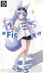 1girl absurdres animal_ears animal_slippers black_shorts blue_eyes blue_hair dinyc dolphin_shorts expressionless fox_ears fox_girl fox_tail full_body highres long_hair looking_at_viewer mask mask_on_head off_shoulder original shirt short_sleeves shorts sleep_mask slippers socks standing tail white_shirt white_socks