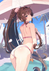 Rule 34 | 1girl, artist name, ass, bare arms, bare legs, bare shoulders, bikini, blush, breasts, brown eyes, brown hair, cloud, cowboy shot, dated, flower, from behind, hair flower, hair ornament, high ponytail, highres, himeyamato, kantai collection, large breasts, long hair, looking back, open mouth, outdoors, pink bikini, pink flower, ponytail, signature, solo, swimsuit, umbrella, very long hair, yamato (kancolle), yamato kai ni (kancolle)