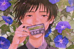 Rule 34 | 1boy, black hair, black jacket, blue flower, chain-link fence, covered mouth, dated, english text, fence, fingernails, flower, freckles, grey eyes, grey shirt, highres, holding, inumoto922, jacket, leaf, looking at viewer, male focus, morning glory, nail polish, original, pager, pink nails, plant, portrait, shirt, short hair, solo, string around finger, timestamp, upper body, wire fence