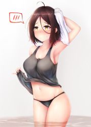 Rule 34 | 1girl, ahoge, arm up, armpits, bare shoulders, black panties, black tank top, blush, breasts, brown eyes, brown hair, closed mouth, collarbone, dumbbell nan kilo moteru?, endsmall min, gradient background, grey background, groin, hair between eyes, highres, holding, holding towel, large breasts, mole, mole under eye, nose blush, panties, resolution mismatch, solo, source larger, spoken blush, standing, tachibana satomi, tank top, towel, underwear, wading, water, white background