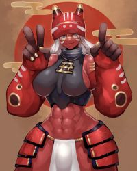 Rule 34 | 1girl, abs, absurdres, akabeko, breasts, breasts apart, bulge, circle, colored skin, cowboy shot, crop top, egasumi, futanari, gold necklace, grey eyes, halterneck, hands up, hat, highres, index finger raised, jewelry, large breasts, long hair, looking at viewer, midriff, nail polish, navel, necklace, original, pelvic curtain, red circle, red skin, shadow, smile, solo, sumosamo, thighs, v, white hair, yellow nails