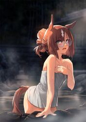Rule 34 | 1girl, alternate costume, alternate hairstyle, animal ears, bare shoulders, blush, breasts, brown eyes, brown hair, commentary request, cowboy shot, hair bun, horse ears, horse girl, horse tail, ikuno dictus (umamusume), looking at viewer, multicolored hair, naked towel, onsen, open mouth, outdoors, partially submerged, round eyewear, short hair, sinnra art, small breasts, streaked hair, tail, towel, umamusume, white hair