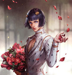 Rule 34 | 1boy, black hair, blue eyes, bob cut, bouquet, bruno bucciarati, cleavage cutout, clothing cutout, commentary request, flower, highres, jacket, jojo no kimyou na bouken, kdash, lips, looking at viewer, male focus, md5 mismatch, nose, pectoral cleavage, pectorals, petals, red flower, red rose, resolution mismatch, rose, rose petals, solo, source smaller, upper body, vento aureo, white jacket