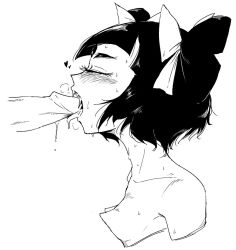 Rule 34 | 1girl, armpits, arthropod girl, black hair, blush, bow, breasts, breath, closed eyes, collarbone, disembodied penis, fangs, fellatio, from side, inarou (rakugakiproject), insect girl, lineart, monochrome, monster girl, muffet, nipples, no nipples, nude, oral, penis, pointy breasts, profile, ribbon, sharp teeth, short hair, simple background, spider girl, sweat, teeth, uncensored, undertale, white background