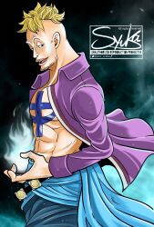 Rule 34 | 1boy, anchor symbol, anchor tattoo, beard stubble, black background, blonde hair, blue fire, blue sash, blue shorts, collared shirt, commentary request, facial hair, fire, floating clothes, highres, instagram username, male focus, marco (one piece), one piece, one syuka, open clothes, open shirt, profile, sash, shirt, short hair, shorts, solo, stubble, tattoo, twitter username