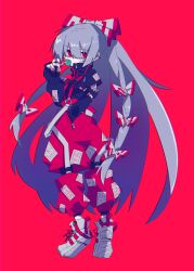 Rule 34 | 1girl, absurdres, adapted costume, bandaid, bandaid on hand, belt, black jacket, black leggings, bow, candy, chromatic aberration, contemporary, food, from behind, fujiwara no mokou, full body, grey hair, hair bow, hair ribbon, hand in pocket, hand up, high collar, highres, holding, holding candy, holding food, holding lollipop, jacket, leggings, lollipop, long bangs, long hair, long sleeves, looking at viewer, looking back, mechakuchagenki, nail polish, ofuda, ofuda on clothes, open mouth, pants, red background, red eyes, red nails, red pants, ribbon, sharp teeth, shoes, simple background, sleeves past wrists, sneakers, solo, standing, suspenders, teeth, touhou, very long hair, white belt, white footwear, zipper, zipper pull tab