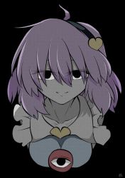Rule 34 | 1girl, absurdres, black background, black eyes, breasts, closed mouth, collarbone, commentary request, cropped shoulders, dark, eyes visible through hair, hairband, heart, highres, komeiji satori, looking at viewer, medium breasts, no pupils, pink hair, scavia10, short hair, signature, simple background, smile, solo, third eye, touhou, upper body, watermark