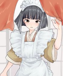 Rule 34 | 1boy, alternate costume, apron, black hair, blunt bangs, blush, brown dress, brown eyes, commentary request, curtains, dress, frilled apron, frills, hand up, highres, kuro the divine heir, layered sleeves, looking at viewer, maid, maid apron, maid headdress, male focus, open mouth, sekiro: shadows die twice, short hair, short sleeves, smile, solo, trap, wa maid, walnut1229, white apron, wide sleeves