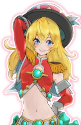 Rule 34 | 1girl, arm up, asymmetrical sleeves, blonde hair, blue eyes, breasts, cleavage cutout, clothing cutout, cowboy shot, crop top, detached sleeves, duel monster, gloves, grin, hat, highres, kimiro (ka429yl), long hair, looking at viewer, midriff, navel, orb, pendulum witch, red shirt, shirt, small breasts, smile, solo, top hat, white background, yu-gi-oh!