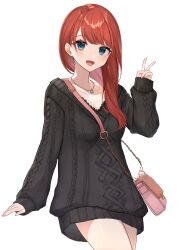 Rule 34 | 1girl, absurdres, aran sweater, asahina akane (2nd costume) (nijisanji), asahina akane (nijisanji), bag, black bra, black sweater, blue eyes, bra, breasts, cable knit, commentary, dress, earrings, fang, hair over shoulder, handbag, highres, iu (iuiu1103), jewelry, lace, lace-trimmed bra, lace trim, long hair, long sleeves, looking at viewer, medium breasts, multicolored nails, nail polish, necklace, nijisanji, official alternate costume, open mouth, red hair, short dress, simple background, skin fang, sleeves past wrists, smile, solo, sweater, sweater dress, swept bangs, symbol-only commentary, underwear, v, virtual youtuber, white background