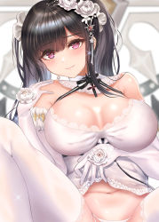 Rule 34 | 1girl, akuakuran, azur lane, bare shoulders, black hair, breasts, cleavage, detached collar, dress, elbow gloves, flower, gloves, hair flower, hair ornament, highres, lace, lace-trimmed dress, lace-trimmed legwear, lace trim, large breasts, long hair, looking at viewer, navel, official alternate costume, panties, peter strasser (azur lane), peter strasser (a moment frozen in pure white) (azur lane), purple eyes, rose, solo, thighhighs, underwear, white dress, white flower, white gloves, white negligee, white panties, white rose, white thighhighs