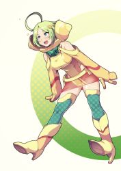 Rule 34 | 1girl, ahoge, blue eyes, boots, breasts, c.c. lemon, c.c. lemon (character), elbow gloves, food-themed clothes, gloves, green hair, hair ornament, large breasts, miniskirt, original, painpa, patterned legwear, polka dot, polka dot legwear, short hair, skirt, solo, thighhighs