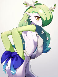 Rule 34 | animalization, antlers, apron, arm support, back, back bow, blush, bow, braid, braided bangs, breasts, ceres fauna, commentary, creatures (company), embarrassed, english commentary, game freak, gardevoir, gen 3 pokemon, getto, green hair, hair over one eye, highres, hololive, hololive english, horns, median furrow, medium breasts, mole, mole under eye, naked apron, nintendo, pokemon, pokemon (creature), shoulder blades, sideboob, virtual youtuber, yellow eyes