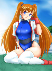 Rule 34 | 1girl, absurdres, arm up, athletic leotard, blue eyes, blue leotard, boots, brown hair, cloud, commentary request, cropped jacket, gloves, hand in own hair, highleg, highleg leotard, highres, jacket, legs, leotard, long hair, namco, nanao futaba, numan athletics, open mouth, outdoors, red footwear, red gloves, sharon les halles, sitting, sky, smile, solo, thighhighs, thighs, twintails, very long hair, white jacket, white thighhighs