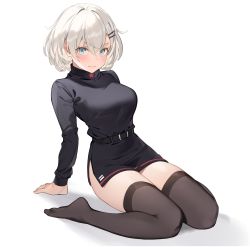 Rule 34 | 1girl, absurdres, arm support, black dress, black thighhighs, blue eyes, blush, breasts, commentary request, dress, full body, hair between eyes, hair ornament, hairpin, highres, large breasts, long sleeves, looking at viewer, no shoes, nyum, opytny (steelblue mirage), short hair, silver hair, sitting, solo, steelblue mirage, thick eyebrows, thighhighs