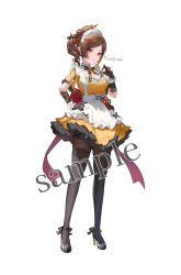Rule 34 | 1girl, alternate costume, black footwear, black gloves, black thighhighs, breasts, brown hair, brown pantyhose, chiori (genshin impact), cleavage, dress, elbow gloves, enmaided, genshin impact, gloves, hand on own hip, hand up, highres, maid, maid headdress, medium breasts, omelet tomato, pantyhose, parted bangs, parted lips, ponytail, red eyes, sample watermark, shoes, short sleeves, signature, simple background, solo, thighhighs, thighhighs over pantyhose, watermark, white background, yellow dress