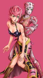 Rule 34 | 1girl, absurdres, black skirt, breasts, green eyes, highres, jojo no kimyou na bouken, kaib0y, looking at viewer, medium breasts, multicolored clothes, multicolored skirt, pink background, pink hair, pink lips, pink nails, pink skirt, short hair, simple background, skirt, spice girl (stand), stand (jojo), trish una, vento aureo, yellow skirt