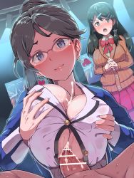 Rule 34 | 1boy, 2girls, bar censor, black hair, blazer, blue eyes, blue jacket, blush, boris (noborhys), bow, bowtie, breasts, breasts squeezed together, brown sweater, buttons, censored, cleavage, collared shirt, commentary request, cum, cum on body, cum on breasts, cum on upper body, dress shirt, earrings, ejaculation, fire emblem, glasses, grey eyes, hair ornament, hairclip, heart, heart earrings, hetero, highres, jacket, jewelry, large breasts, long hair, looking at viewer, mole, mole under eye, multiple girls, nintendo, open clothes, open jacket, open mouth, oribe tsubasa, paizuri, paizuri under clothes, parted bangs, partially unbuttoned, penis, pink skirt, ponytail, red neckwear, shimazaki maiko, shirt, skirt, smile, sweater, swept bangs, tokyo mirage sessions fe, white shirt