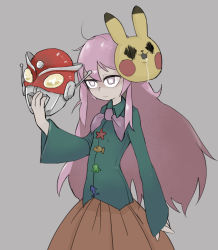 Rule 34 | 1girl, bow, bowtie, character name, creatures (company), expressionless, game freak, gen 1 pokemon, grey background, hair between eyes, hata no kokoro, highres, holding, holding mask, long hair, long sleeves, mask, mask on head, nintendo, orange skirt, pikachu, pink eyes, pink hair, pokemon, redman, redman (character), simple background, skirt, solo, tirarizun, touhou, very long hair