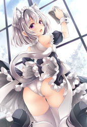 Rule 34 | 1girl, :o, animal ears, ass, bare shoulders, black footwear, black skirt, breasts, cat ears, cat girl, cat tail, cleaning, cleaning windows, commentary request, day, detached sleeves, frilled skirt, frills, highres, holding, indoors, looking at viewer, looking back, maid, maid headdress, open mouth, original, panties, pantyshot, rag, ryo (botugo), shirt, shoes, short hair, short sleeves, skirt, small breasts, solo, tail, thighhighs, underwear, white panties, white shirt, window, wrist cuffs