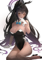 Rule 34 | 1girl, animal ears, aqua bow, aqua bowtie, arm support, bare shoulders, black footwear, black leotard, blue archive, bow, bowtie, breasts, cleavage, collarbone, cream, cream on face, dark-skinned female, dark skin, detached collar, dot nose, fake animal ears, fake tail, fishnet pantyhose, fishnets, food, food on face, full body, gloves, halo, high heels, high ponytail, highleg, highleg leotard, highres, invisible floor, karin (blue archive), karin (bunny) (blue archive), large breasts, leotard, long hair, looking at viewer, multicolored hair, number tattoo, official alternate costume, pantyhose, playboy bunny, purple hair, rabbit tail, sellf, side-tie leotard, simple background, sitting, slit pupils, smile, solo, strapless, strapless leotard, streaked hair, tail, tattoo, two-tone hair, very long hair, white background, white gloves, yellow eyes, yokozuwari