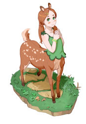Rule 34 | 1girl, animal ears, blush stickers, brown hair, centaur, centauroid, closed mouth, commentary, deer, deer ears, faux figurine, full body, grass, green eyes, green shirt, hair ornament, hairclip, hands up, looking at viewer, materclaws, monster girl, original, shirt, simple background, sleeveless, sleeveless shirt, smile, solo, standing, taur, white background, wristband