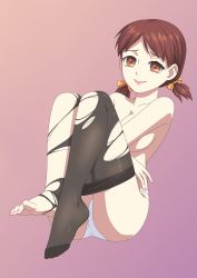 Rule 34 | 1girl, barefoot, bow, brown eyes, brown hair, covering privates, feet, hair bow, looking at viewer, panties, pantyhose, short twintails, soles, toes, topless, torn clothes, torn legwear, twintails, underwear