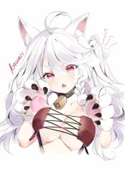 Rule 34 | 1girl, ahoge, animal ear fluff, animal ears, animal hands, azur lane, bad id, bad twitter id, bell, blush, braid, breasts, chestnut mouth, claw pose, claws, collar, collarbone, corset, cropped torso, eyebrows hidden by hair, fang, gao, gloves, hair between eyes, head tilt, highres, hoerutarou, large breasts, long hair, looking at viewer, neck bell, open mouth, paw gloves, pink eyes, romaji text, side braid, simple background, single braid, skin fang, solo, upper body, v-shaped eyebrows, white background, white hair, wolf ears, yuudachi (azur lane), yuudachi (woofy floofy christmas night) (azur lane)