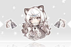 Rule 34 | 1girl, animal ears, arknights, bell, black cape, black footwear, boots, cape, chibi, dress, fur-trimmed boots, fur trim, grey background, grey eyes, grey hair, grey thighhighs, jewelry, leopard ears, leopard girl, leopard tail, long hair, looking at viewer, necklace, pramanix (arknights), reflection, renren, sidelocks, simple background, solo, tail, thighhighs, tiara, turtleneck, wavy hair, white dress
