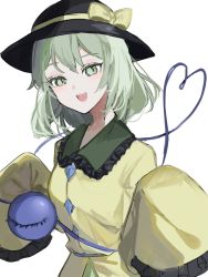 Rule 34 | 1girl, :d, absurdres, black hat, blush, bow, breasts, floppy sleeves, frilled shirt collar, frills, green eyes, green hair, hat, hat bow, heart, heart of string, highres, komeiji koishi, long sleeves, looking at viewer, medium breasts, medium hair, noyama (prosiuttooishi), open mouth, shirt, simple background, sleeves past fingers, sleeves past wrists, smile, solo, teeth, third eye, touhou, upper body, upper teeth only, white background, yellow bow, yellow shirt