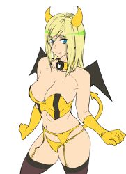 Rule 34 | 1girl, ashiomi masato, black thighhighs, blonde hair, blue eyes, breasts, closed mouth, demon horns, demon tail, fake tail, gloves, guilty gear, guilty gear xrd, horns, long hair, looking at viewer, millia rage, panties, simple background, smile, solo, tail, thighhighs, underwear, white background, yellow gloves