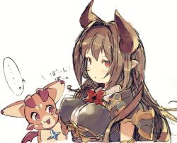 Rule 34 | ..., 10s, 1girl, armor, bad id, bad twitter id, black hair, bouncing breasts, bow, breastplate, breasts, brown hair, dragon, draph, covered erect nipples, forte (granblue fantasy), forte (shingeki no bahamut), gorirago, granblue fantasy, hair intakes, horns, impossible clothes, inactive account, long hair, pointy ears, red bow, red eyes, speech bubble, spoken ellipsis, upper body, vyrn (granblue fantasy)
