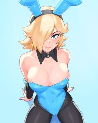 Rule 34 | 1girl, alternate costume, animal ears, bare shoulders, black hairband, black pantyhose, blonde hair, blue background, blue eyes, blue leotard, breasts, collarbone, commentary, detached collar, detached sleeves, earrings, english commentary, fake animal ears, hair over one eye, hairband, highres, jewelry, large breasts, leotard, long hair, looking at viewer, mario (series), nail polish, nintendo, pantyhose, playboy bunny, purple nails, rabbit ears, rob ishi, rosalina, simple background, smile, solo, star (symbol), star earrings, strapless, strapless leotard, super mario galaxy