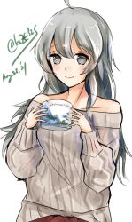 Rule 34 | 1girl, ahoge, cup, dated, grey eyes, grey sweater, highres, holding, holding cup, kantai collection, kazu (really in hot water now), long hair, mug, off-shoulder sweater, off shoulder, official alternate costume, one-hour drawing challenge, silver hair, simple background, solo, sweater, twitter username, upper body, washington (kancolle), white background