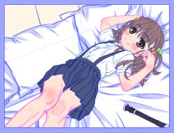 Rule 34 | 1girl, aoi kumiko, blush, brown eyes, brown hair, flat chest, flute, hair ornament, hair ribbon, instrument, long hair, looking at viewer, lying, on back, original, pleated skirt, recorder, ribbon, school uniform, shirt, short sleeves, sketch, skirt, smile, solo, suspenders, two side up, white shirt
