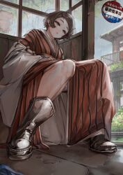 Rule 34 | 1girl, absurdres, black hair, boots, breasts, bus stop, grey eyes, highres, japanese clothes, kimono, medium breasts, original, parted lips, rain, short hair, sitting, soleil (soleilmtfbwy03), solo, striped clothes, striped kimono, vertical-striped clothes, vertical-striped kimono, wet
