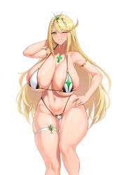 Rule 34 | 1girl, absurdres, bare shoulders, bikini, blonde hair, blush, breasts, chest jewel, cleavage, cleft of venus, cowboy shot, curvy, earrings, gem, hand on own hip, headpiece, highres, huge breasts, jewelry, jingb dx, long hair, looking at viewer, micro bikini, mythra (xenoblade), navel, simple background, skindentation, smile, solo, standing, swept bangs, swimsuit, thick thighs, thigh strap, thighs, tiara, very long hair, white background, white bikini, wide hips, xenoblade chronicles (series), xenoblade chronicles 2, yellow eyes