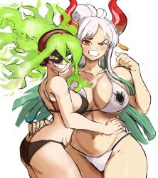 Rule 34 | 2girls, arm around shoulder, arm around waist, ass, bikini, black bikini, boku no hero academia, breast press, breasts, burnin (boku no hero academia), crossover, curvy, domino mask, fiery hair, green hair, height difference, highres, horns, huge breasts, large breasts, long hair, mask, multiple girls, one piece, oni horns, rakeemspoon, red eyes, simple background, smile, swimsuit, thick thighs, thighs, white background, white bikini, white hair, wide hips, yamato (one piece), yellow eyes