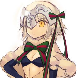 Rule 34 | 1girl, black gloves, blonde hair, bow, bowtie, elbow gloves, fate (series), gloves, green bow, green neckwear, hand on own hip, headgear, jeanne d&#039;arc (fate), jeanne d&#039;arc (ruler) (fate), jeanne d&#039;arc alter santa lily (fate), looking at viewer, multicolored neckwear, red bow, red neckwear, short hair, simple background, solo, sookmo, striped bow, striped bowtie, striped clothes, white background, yellow eyes