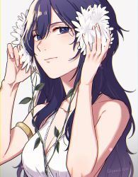 Rule 34 | 1girl, alternate costume, blue eyes, blue hair, breasts, cleavage, closed mouth, fingernails, fire emblem, fire emblem awakening, flower, hair flower, hair ornament, highres, long hair, looking at viewer, lucina (fire emblem), lucina (valentine) (fire emblem), nintendo, peach11 01, simple background, solo, twitter username, upper body