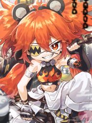 1girl animal_ears bare_shoulders bear_ears breasts crop_top eyepatch fake_animal_ears grin hair_between_eyes haronin_fukke koleda_belobog long_hair looking_at_viewer navel red_eyes red_hair shirt smile solo twintails zenless_zone_zero